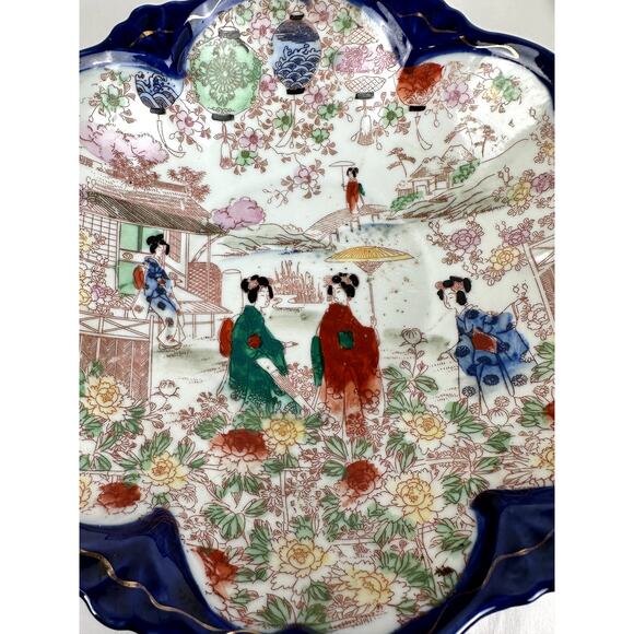 Japanese Antique China Cobalt Trim Geisha Floral Structure 1921-1941 - Picture 2 of 12